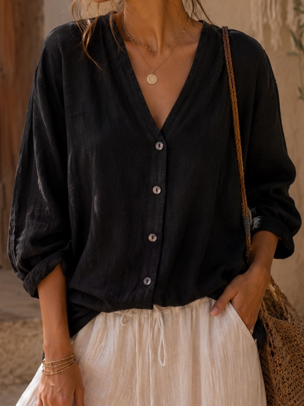 California Drawstrings Black V-Neck Button-Down Tunic 100% Cotton Boho Coastal